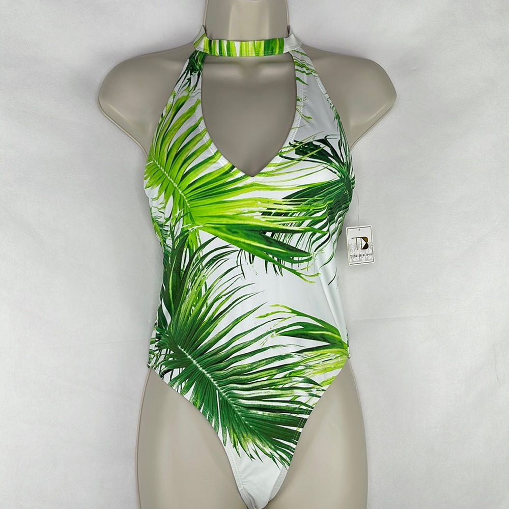 Tinibikini Green & White Tropical Palm Frond Print One Piece Swimsuit
